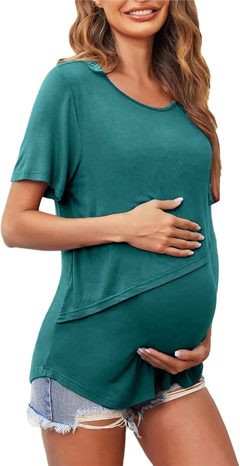 Binmer Women's Maternity Nursing Tops Casual Short Sleeve Breastfeeding Shirts 2 Pack Double Layer Summer Pregnancy Clothes