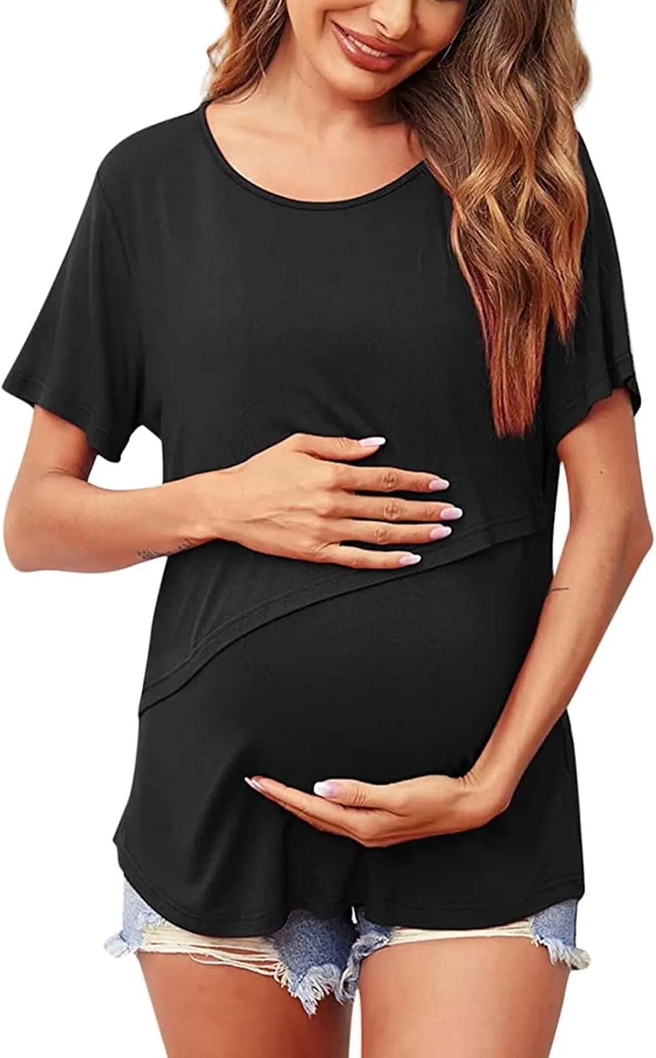 Binmer Women's Maternity Nursing Tops Casual Short Sleeve Breastfeeding Shirts 2 Pack Double Layer Summer Pregnancy Clothes
