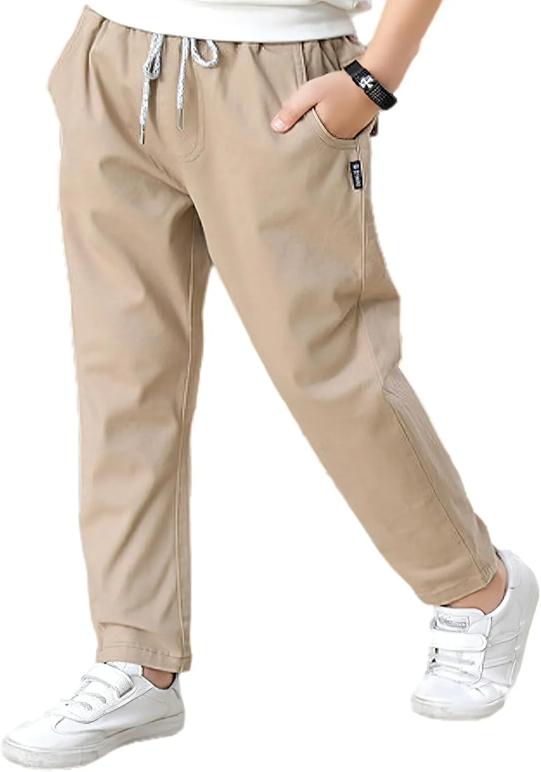 Boys' School Chino Pants Kid Formal Casual Twill Trousers Elastic Waist