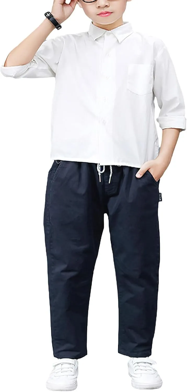 Boys' School Chino Pants Kid Formal Casual Twill Trousers Elastic Waist