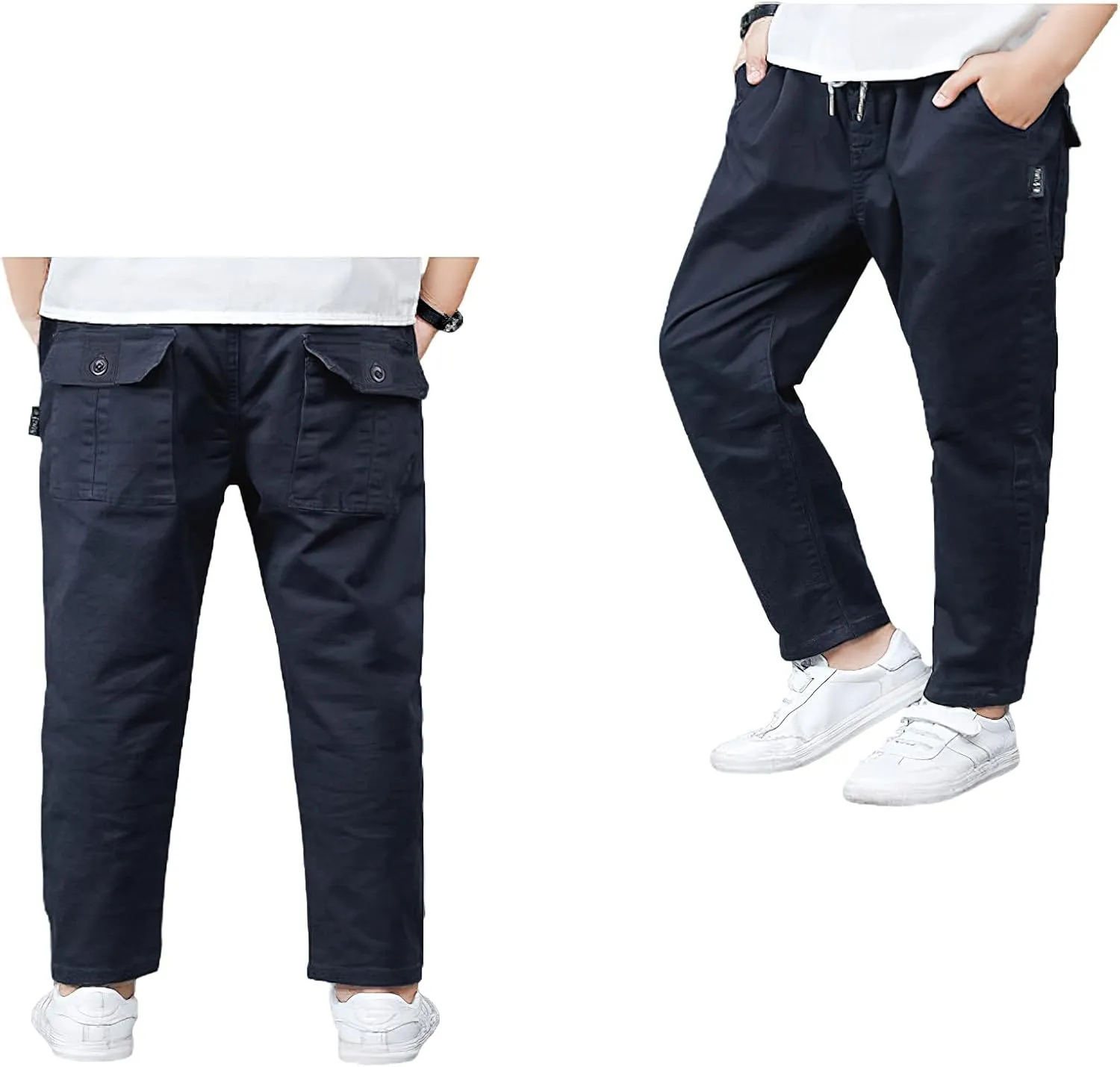 Boys' School Chino Pants Kid Formal Casual Twill Trousers Elastic Waist