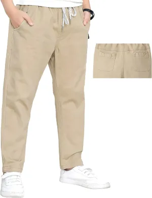 Boys' School Chino Pants Kid Formal Casual Twill Trousers Elastic Waist