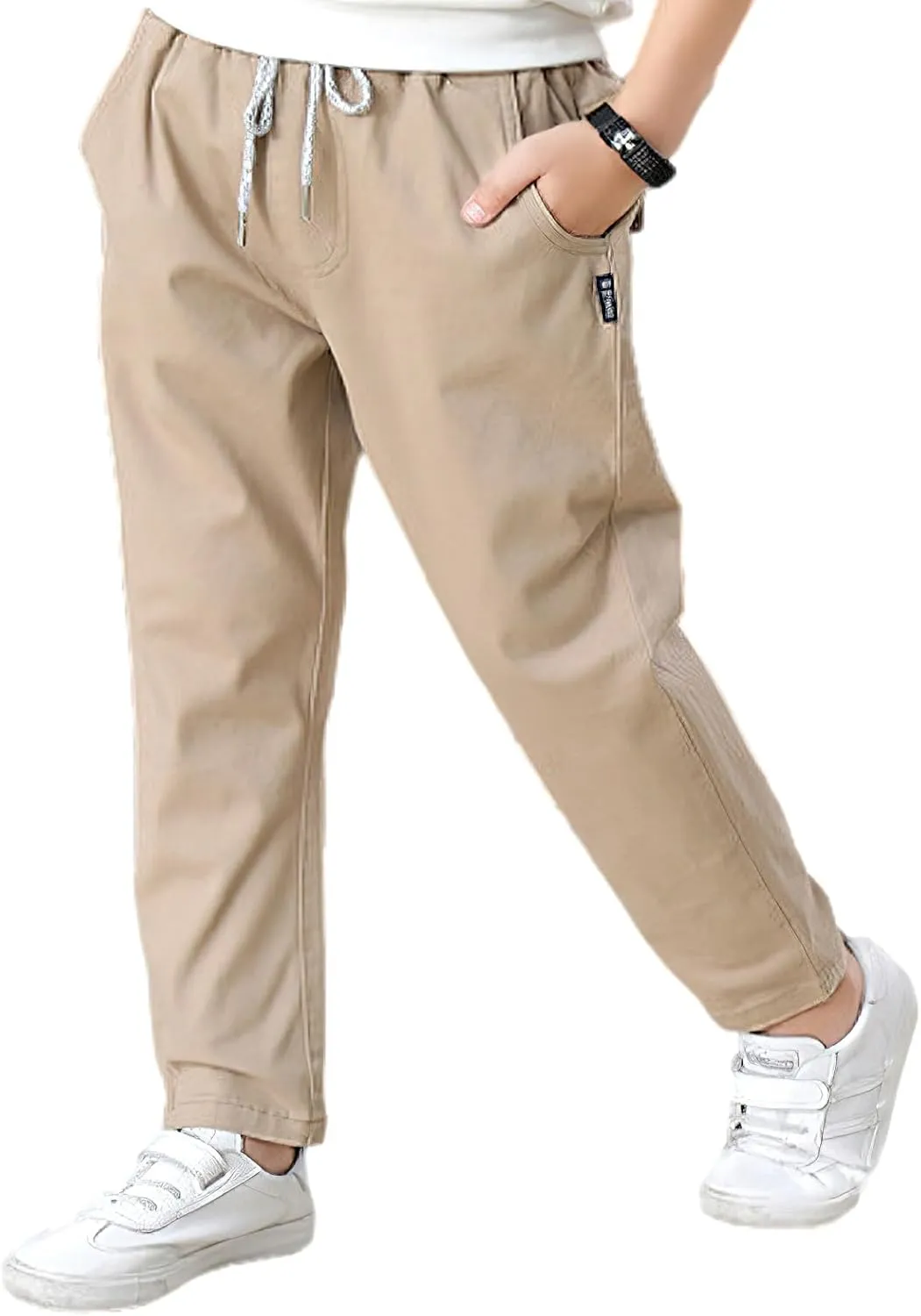 Boys' School Chino Pants Kid Formal Casual Twill Trousers Elastic Waist