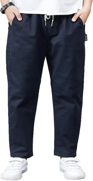 Boys' School Chino Pants Kid Formal Casual Twill Trousers Elastic Waist