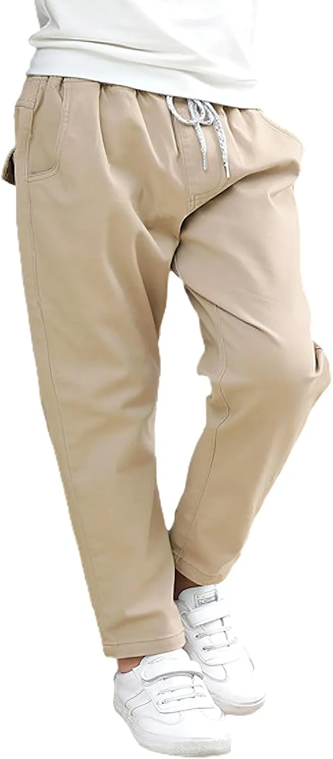 Boys' School Chino Pants Kid Formal Casual Twill Trousers Elastic Waist