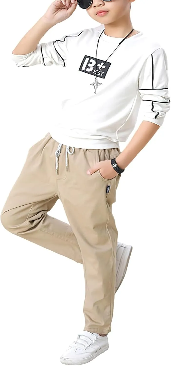 Boys' School Chino Pants Kid Formal Casual Twill Trousers Elastic Waist