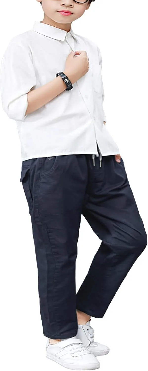 Boys' School Chino Pants Kid Formal Casual Twill Trousers Elastic Waist