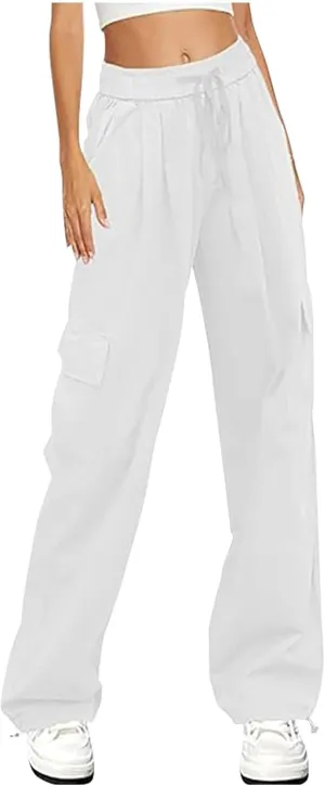 Cargo Pants for Women Casual Elastic Waist Drawstring Pants Straight Leg Comfy Y2k Trousers Streetwear with Pockets