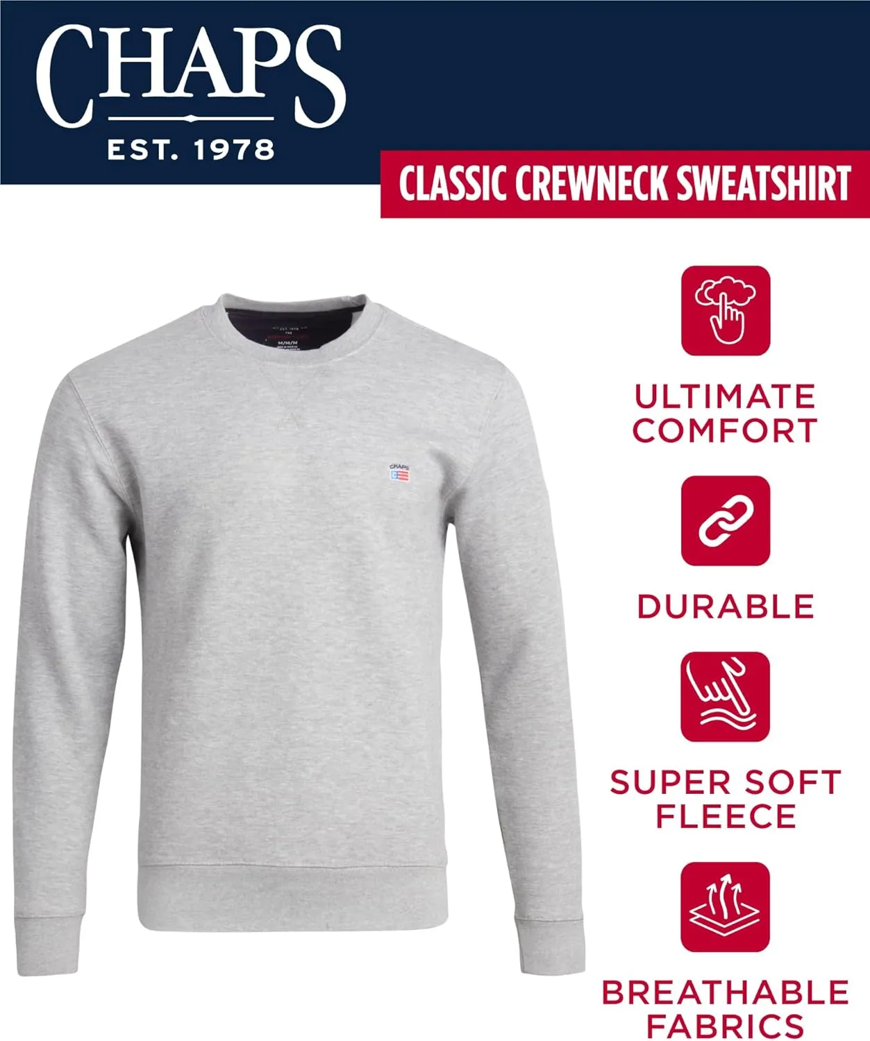 Chaps Men's Pullover Sweatshirt - Soft Fleece Classic Fit Crewneck Pullover for Men with Ribbed Cuffs and Hem (Sizes: S-2XL)
