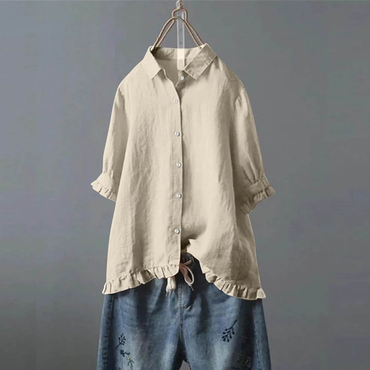 Cotton Linen Tops for Women Plus Size 3/4 Sleeve Shirt Boho Loose fit Tunic Loose Fit Summer Work Oversized Blouse