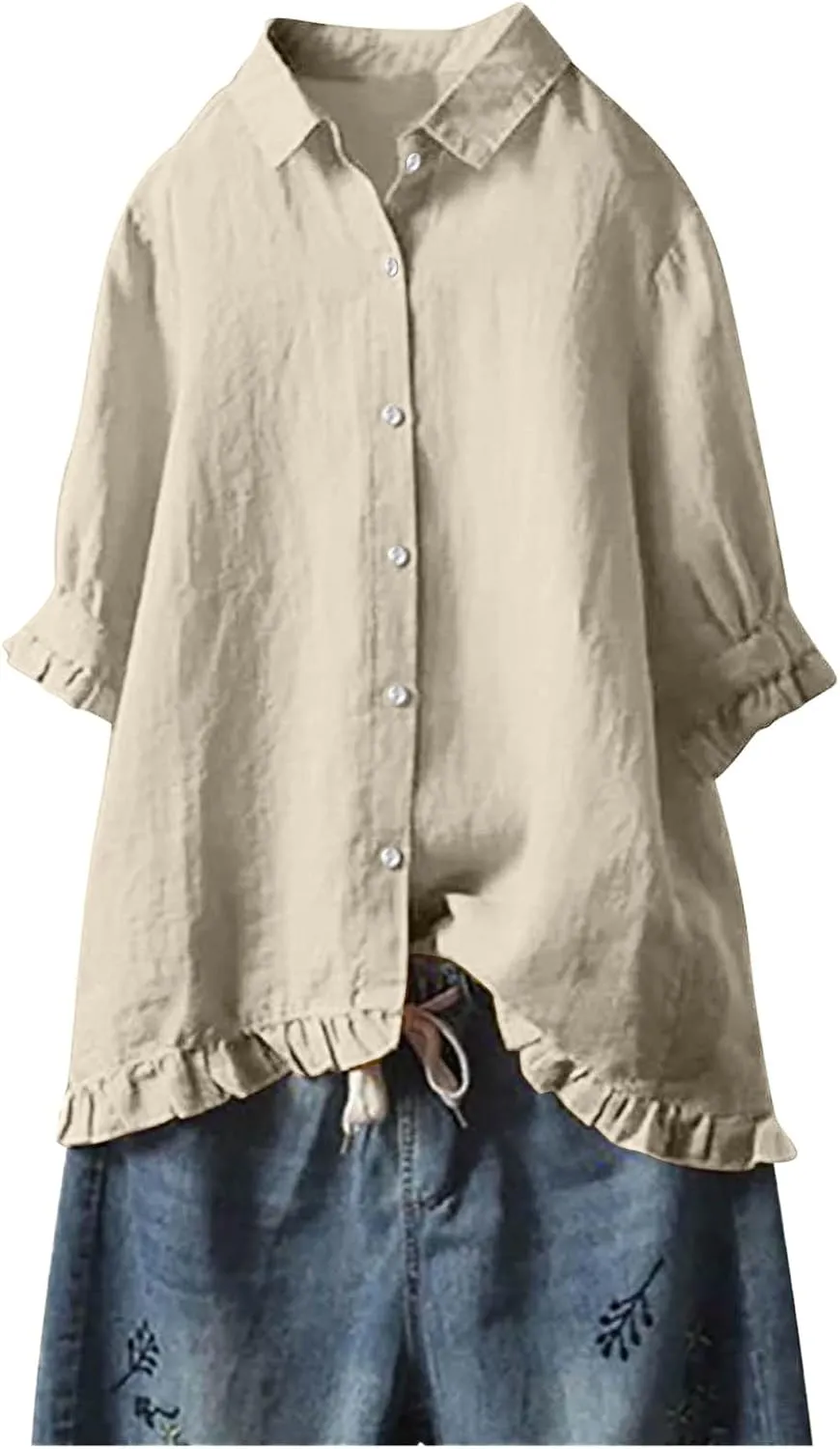 Cotton Linen Tops for Women Plus Size 3/4 Sleeve Shirt Boho Loose fit Tunic Loose Fit Summer Work Oversized Blouse