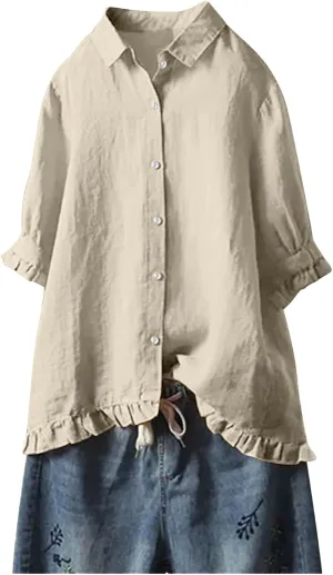 Cotton Linen Tops for Women Plus Size 3/4 Sleeve Shirt Boho Loose fit Tunic Loose Fit Summer Work Oversized Blouse