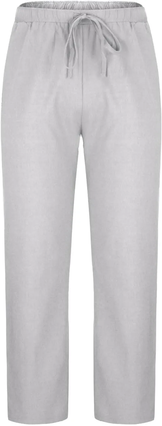 Cotton Linen Trousers for Men Trendy Elastic Drawstring Waist Pants Solid Casual Pant Summer Beach Vacation Clothing