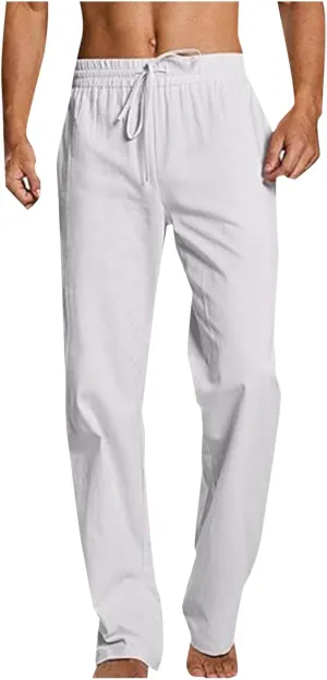 Cotton Linen Trousers for Men Trendy Elastic Drawstring Waist Pants Solid Casual Pant Summer Beach Vacation Clothing