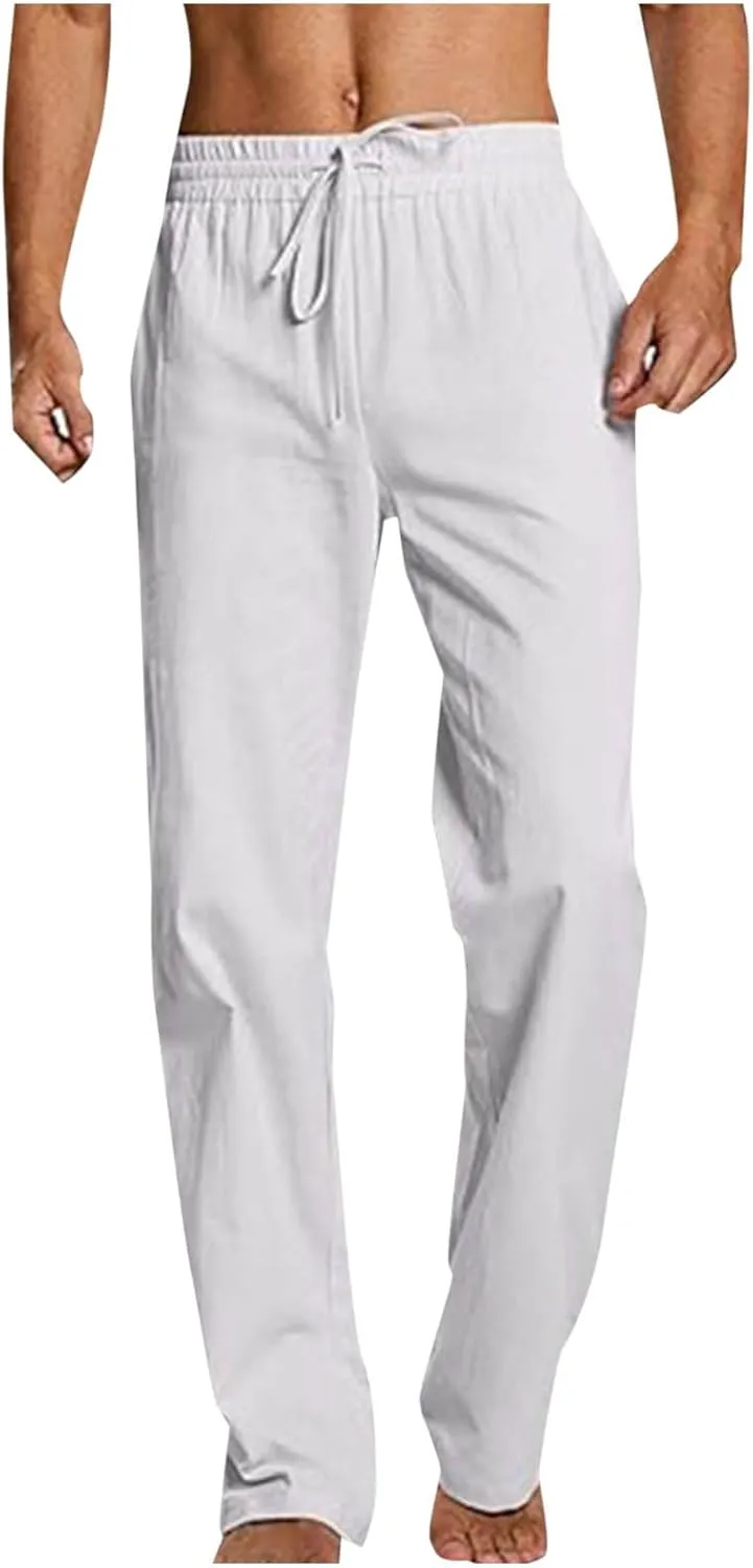 Cotton Linen Trousers for Men Trendy Elastic Drawstring Waist Pants Solid Casual Pant Summer Beach Vacation Clothing