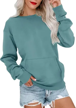 Crewneck Sweatshirt For Women,Womens Fall Long Sleeve Tops Casual Kangaroo Pocket Hoodies Loose Fit Sport Pullover