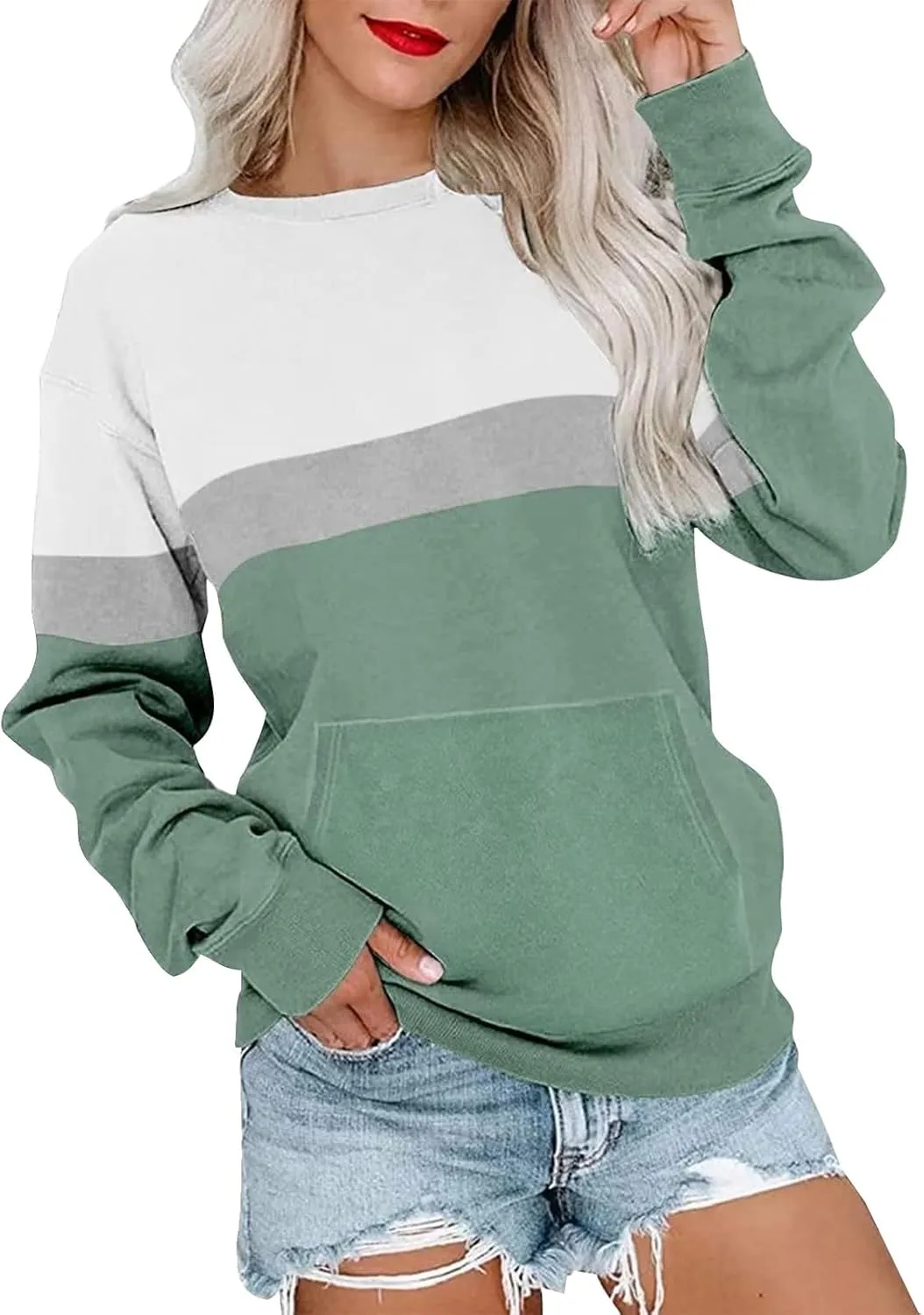 Crewneck Sweatshirt For Women,Womens Fall Long Sleeve Tops Casual Kangaroo Pocket Hoodies Loose Fit Sport Pullover