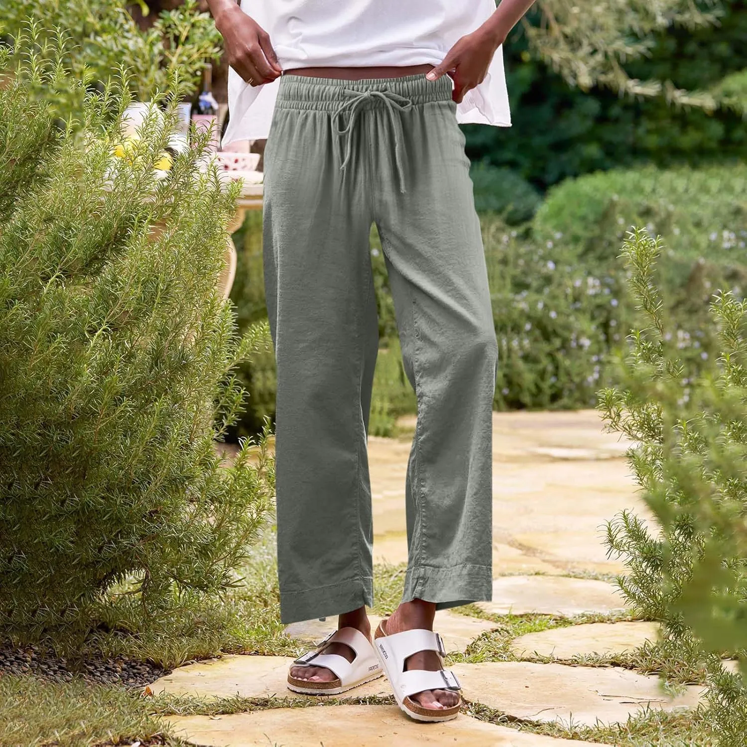 Cropped Wide Leg Linen Pants Women Summer Comfy Baggy High Waisted Casaul Flowy Beach Pants Trousers with Pockets