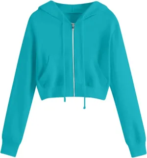 Dademeo Y2k Zip up Cropped Hoodies Sweatshirts for Teen Girls Fall Fleece Casual Drawstring Hoodies Jackets with Pockets