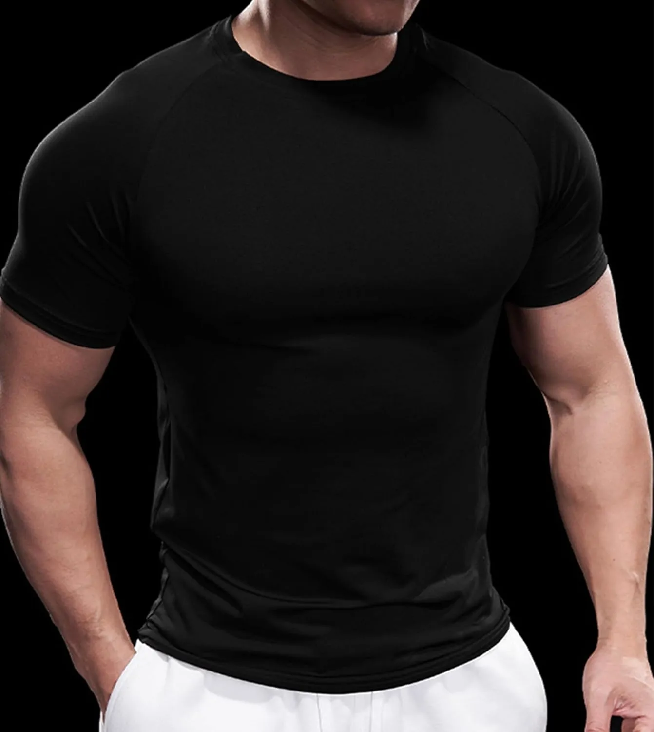 Fioboc Compression Shirts Active Crew Neck Tee Moisture Wicking Quick Dry Gym Running Shirts S-4XL
