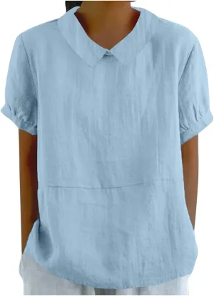 Firzero Short Sleeve Tunic Tops for Women Loose Fit Cotton Linen Patchwork Lapel Shirt Solid Color Casual Oversized T Shirts