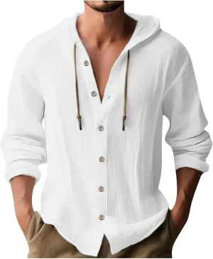 generic Mens Long Sleeve Linen Shirts Drawstring Hooded Sweatshirt Casual Fall Button Shirts Boys Trendy Streetwear Loose Fit
