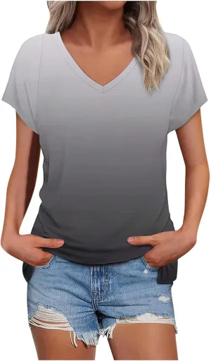 Gradient Shirts Oversized Tshirts for Women V Neck Short Sleeve Summer Tops 2025 Casual Loose Fit Cute Tees Clothes