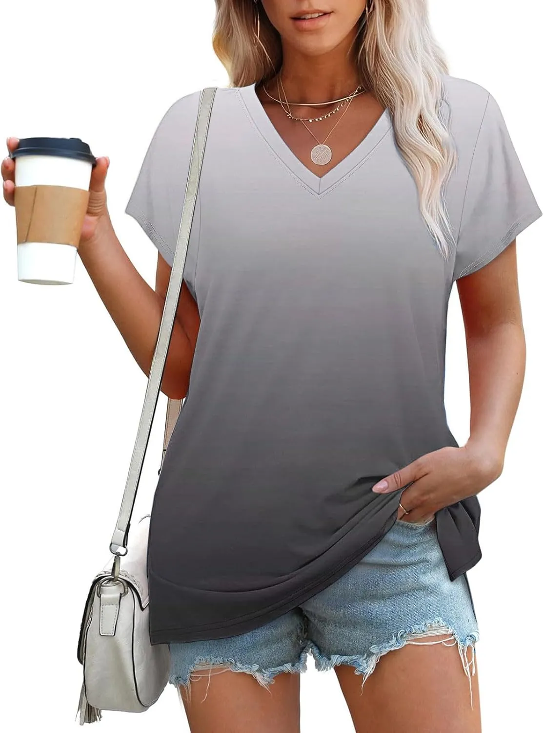 Gradient Shirts Oversized Tshirts for Women V Neck Short Sleeve Summer Tops 2025 Casual Loose Fit Cute Tees Clothes