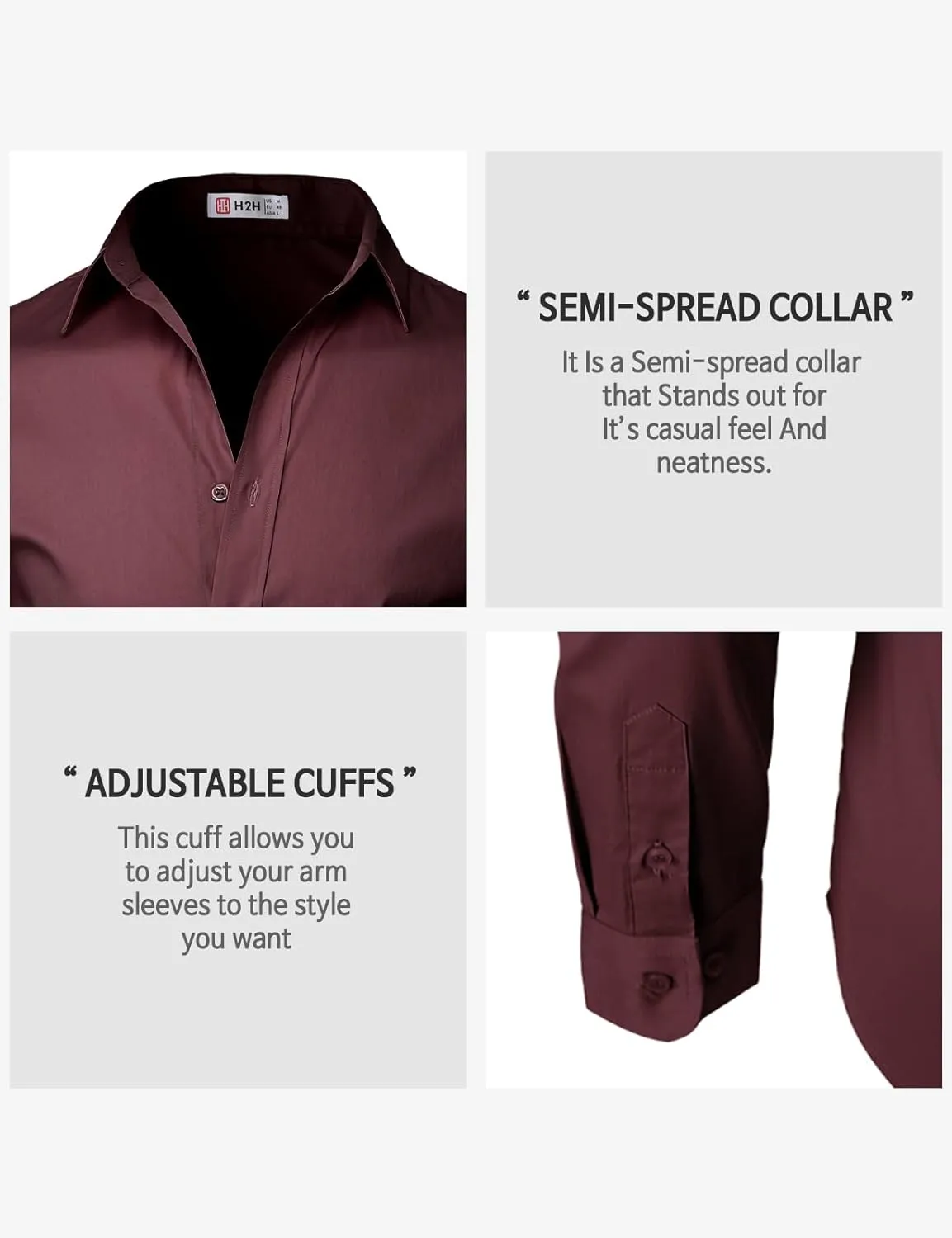 H2H Mens Slim Fit Dress Shirts Stretch Long Sleeve Basic Formal Shirts Solid Business Casual Button Down Shirts