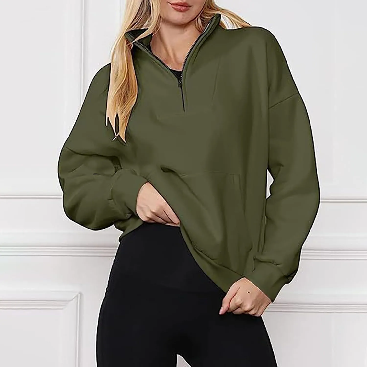 Half Zip Up Hoodies For Women Crop Women's Fall Sweatshirt Long Sleeve Kangaroo Pocket Pullover Tops Loose Fit Sweatshirts