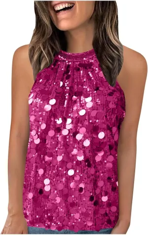 Halter Sequin Tank Top for Women Sleeveless Sparkly Glitter Club Outfit Keyhole Back Flowy Shiny Party Concert Shirt
