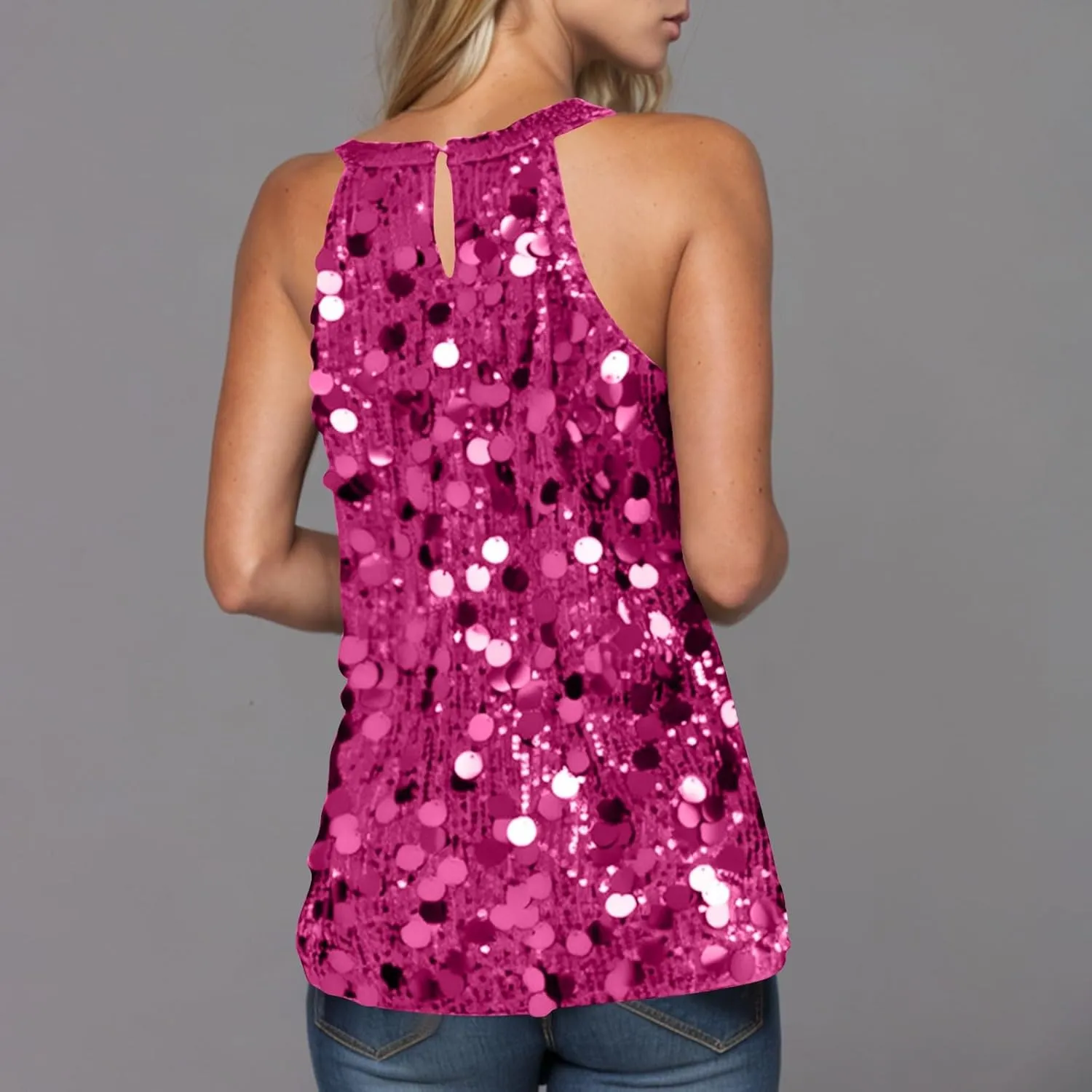 Halter Sequin Tank Top for Women Sleeveless Sparkly Glitter Club Outfit Keyhole Back Flowy Shiny Party Concert Shirt