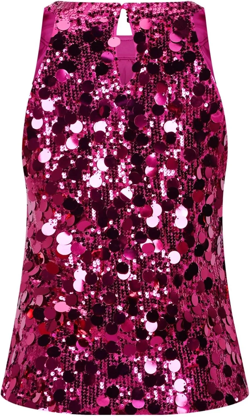 Halter Sequin Tank Top for Women Sleeveless Sparkly Glitter Club Outfit Keyhole Back Flowy Shiny Party Concert Shirt