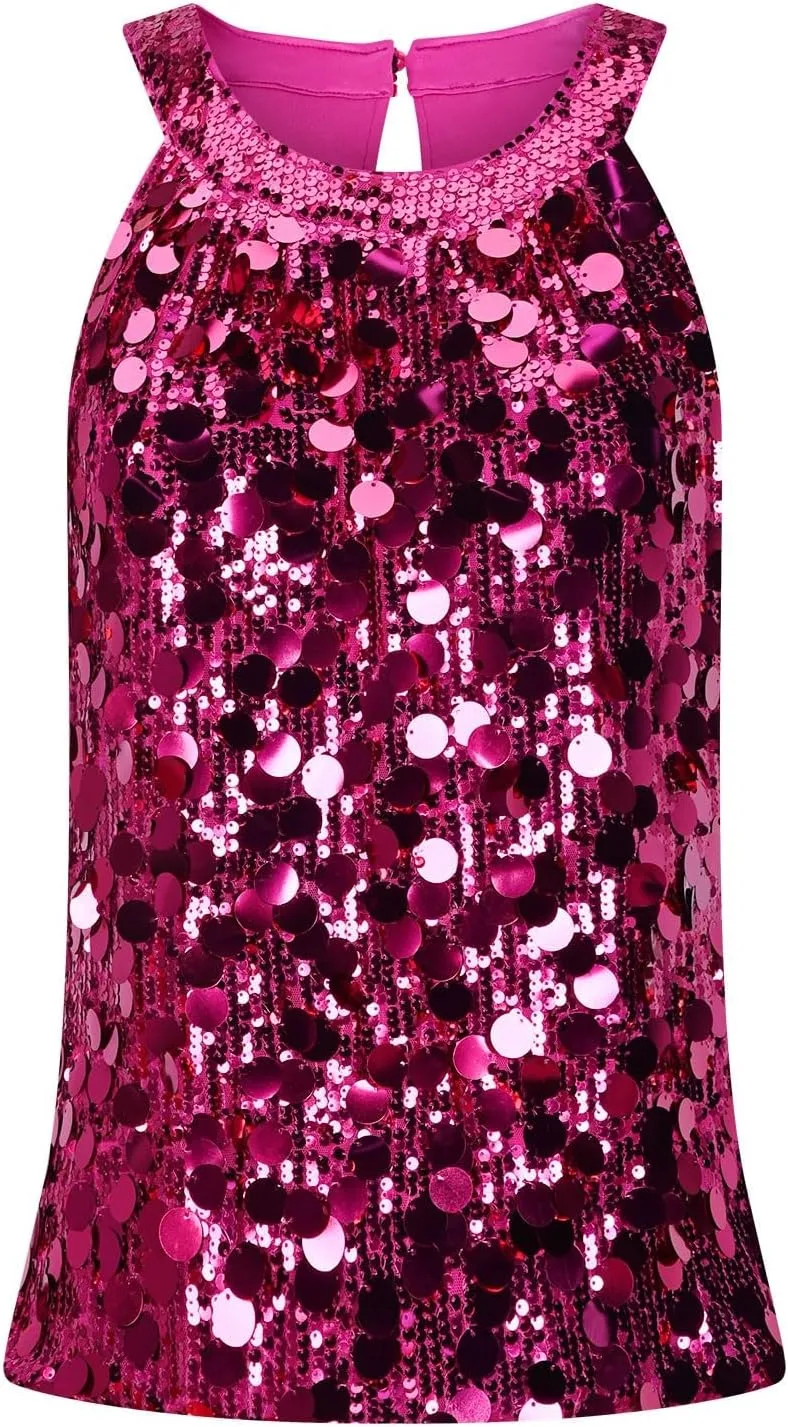 Halter Sequin Tank Top for Women Sleeveless Sparkly Glitter Club Outfit Keyhole Back Flowy Shiny Party Concert Shirt