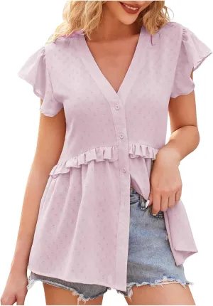 Hollow Out Shirts for Women Summer V Neck Trendy Button Tunics Tops Ruffle Short Sleeve Dressy Casual Blouses