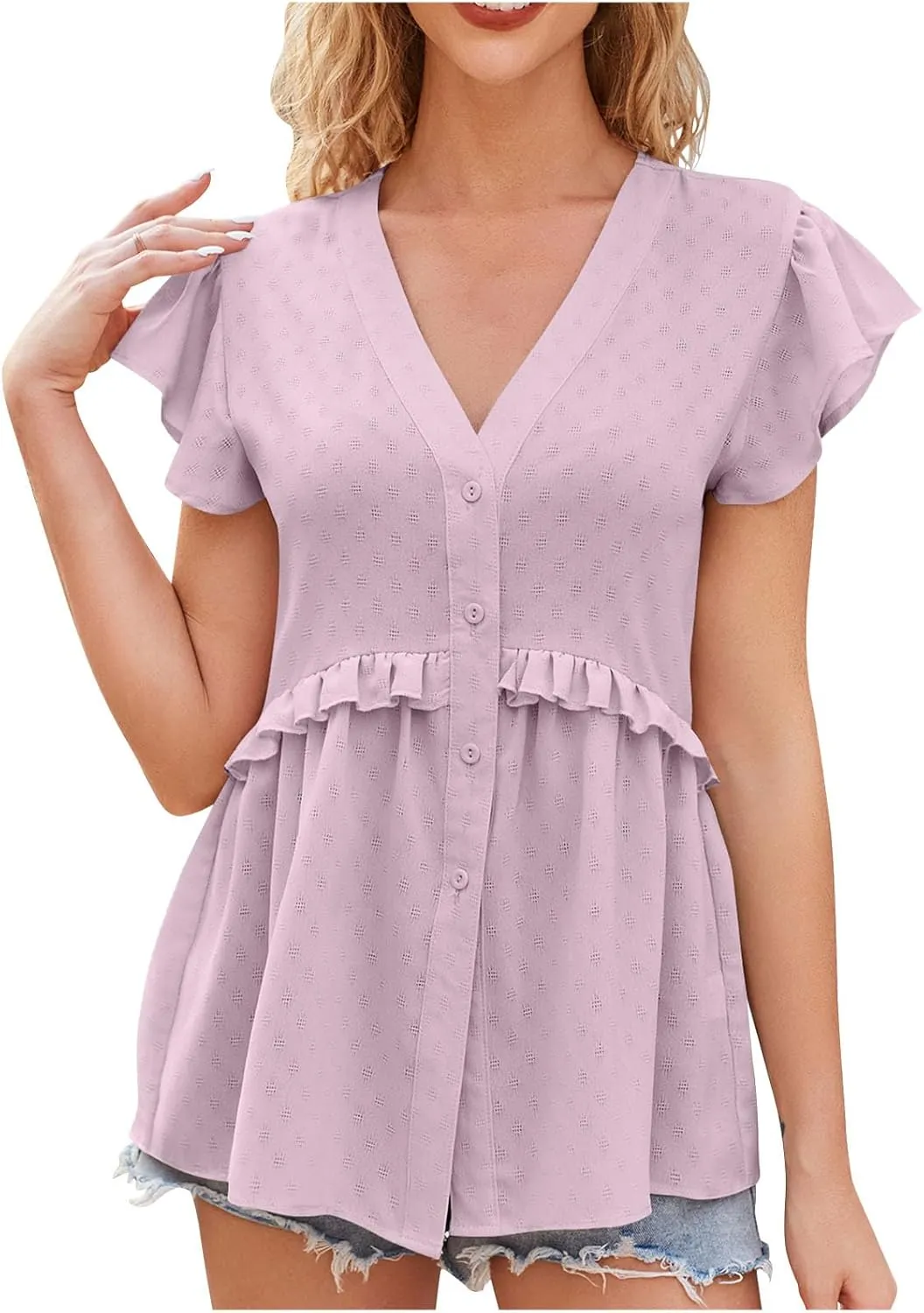 Hollow Out Shirts for Women Summer V Neck Trendy Button Tunics Tops Ruffle Short Sleeve Dressy Casual Blouses
