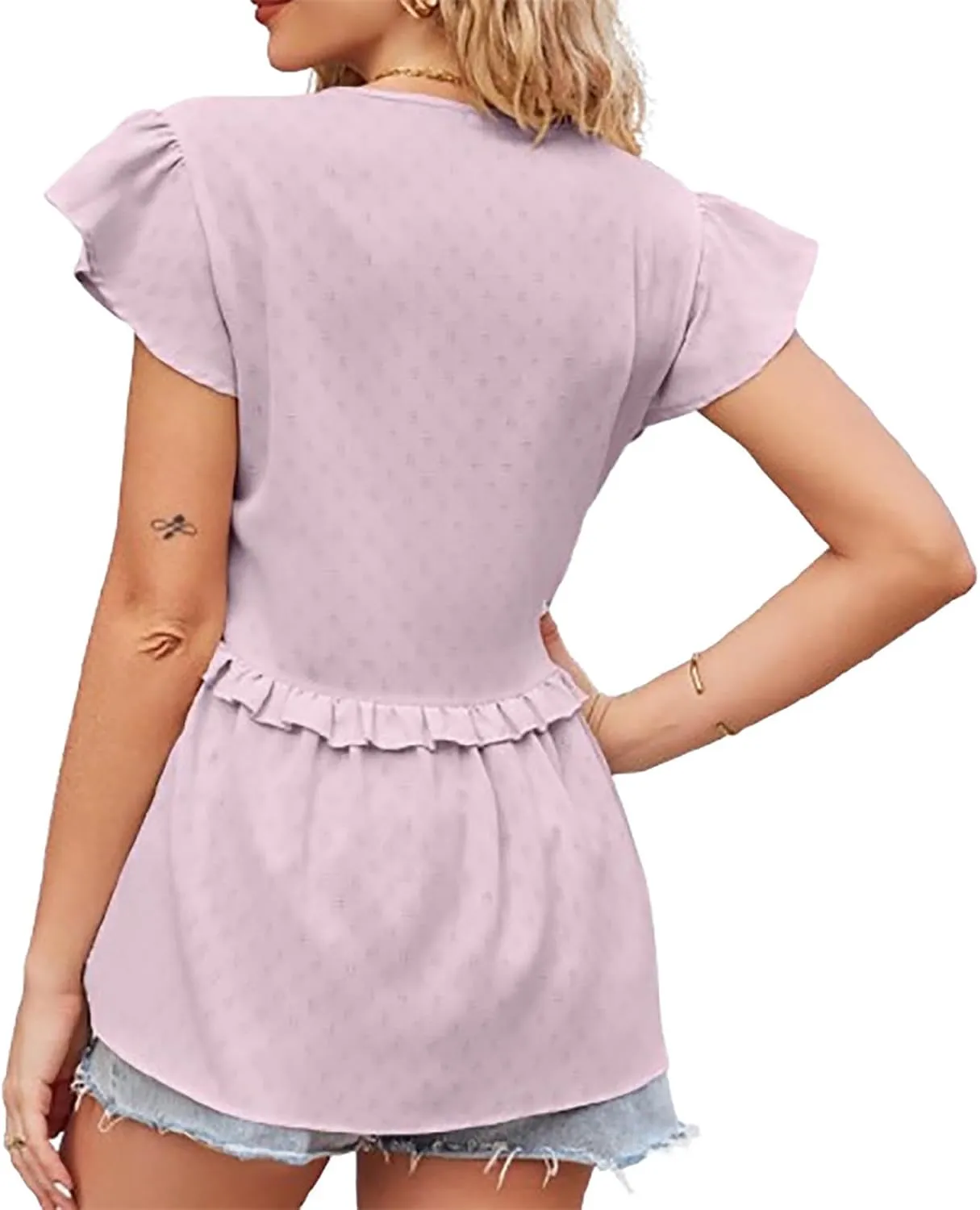 Hollow Out Shirts for Women Summer V Neck Trendy Button Tunics Tops Ruffle Short Sleeve Dressy Casual Blouses