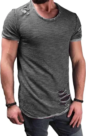 JEsilunmaMY Men's Casual Distressed Ripped T-Shirts Short Sleeve Crewneck Hip Hop Hole Tees Solid Color Workout Gym Shirts