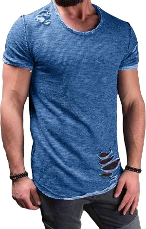 JEsilunmaMY Men's Casual Distressed Ripped T-Shirts Short Sleeve Crewneck Hip Hop Hole Tees Solid Color Workout Gym Shirts
