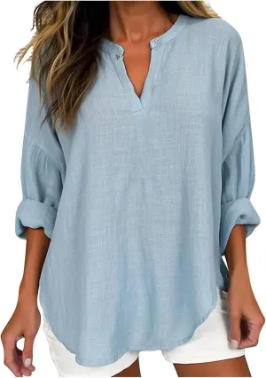 JOAU Women's Casual Cotton Linen Shirts, Summer Long Sleeve V Neck Loose Fit T Shirts Solid Button Henley Blouse Tunic Tops