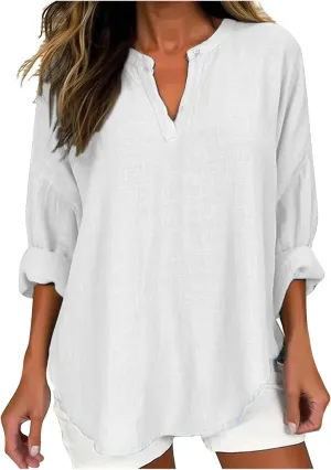 JOAU Women's Casual Cotton Linen Shirts, Summer Long Sleeve V Neck Loose Fit T Shirts Solid Button Henley Blouse Tunic Tops