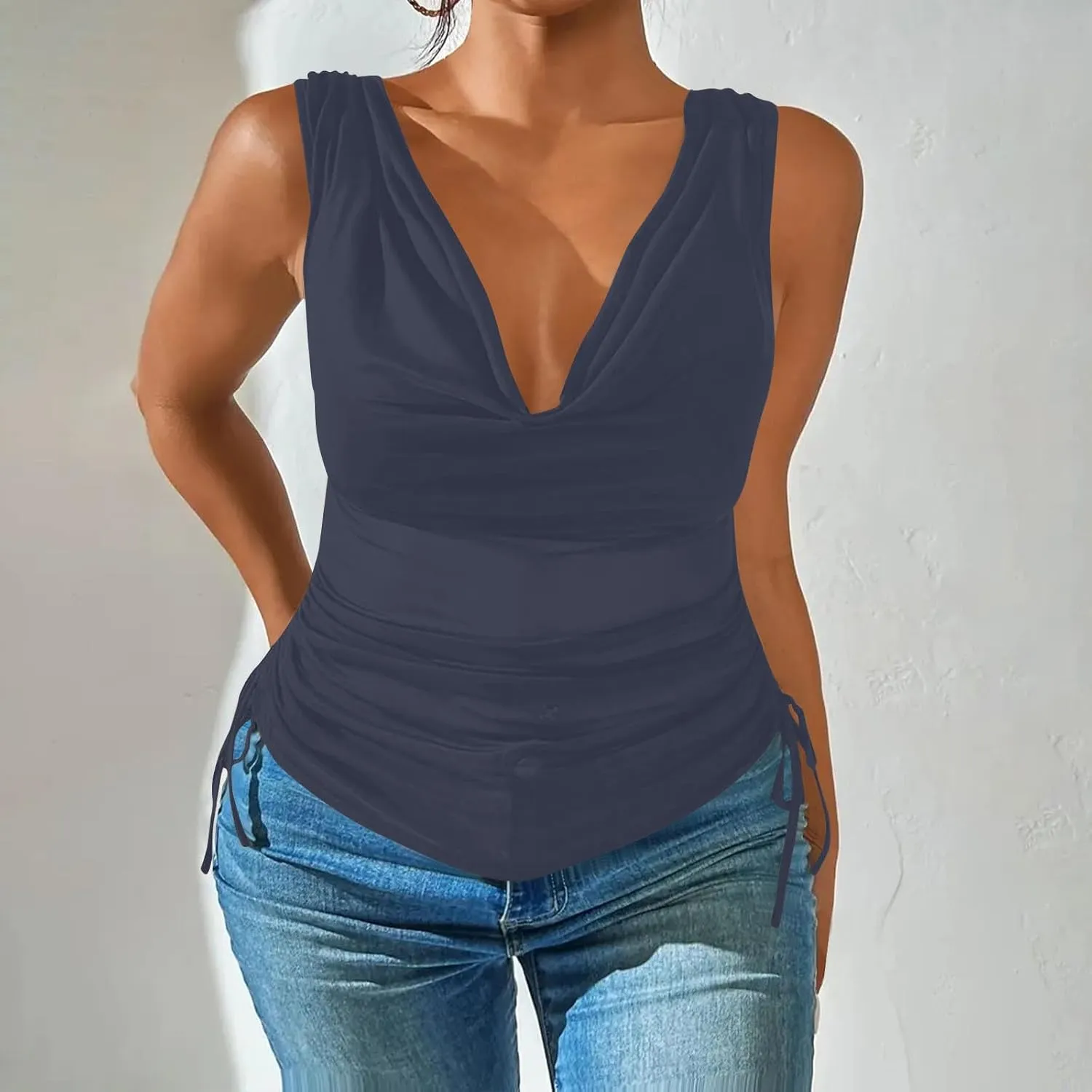 JOAU Women's Cowl Neck Tank Tops Summer Ruched Sleeveless Casual Shirts Drawstring Tie Side Shirring Tunic Blouse Plus Size