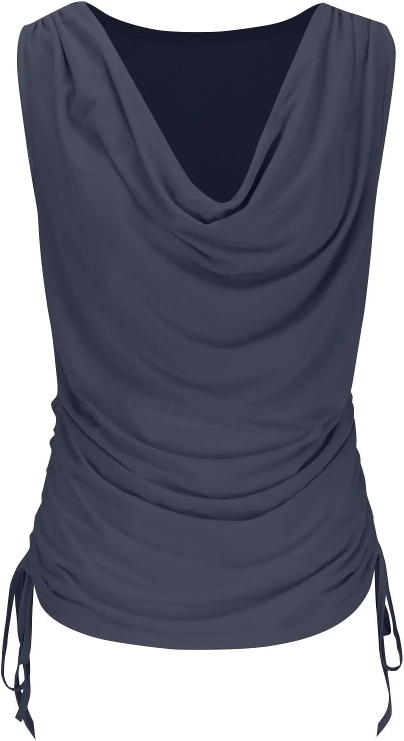 JOAU Women's Cowl Neck Tank Tops Summer Ruched Sleeveless Casual Shirts Drawstring Tie Side Shirring Tunic Blouse Plus Size