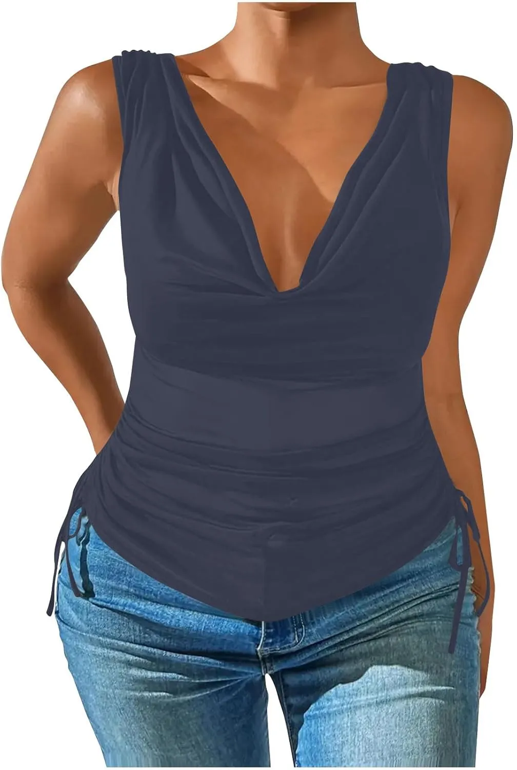 JOAU Women's Cowl Neck Tank Tops Summer Ruched Sleeveless Casual Shirts Drawstring Tie Side Shirring Tunic Blouse Plus Size