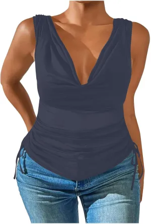 JOAU Women's Cowl Neck Tank Tops Summer Ruched Sleeveless Casual Shirts Drawstring Tie Side Shirring Tunic Blouse Plus Size