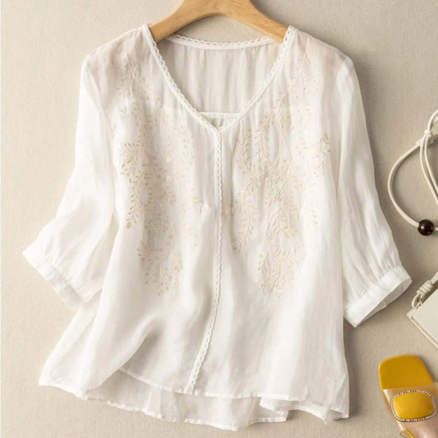 JOAU Women's Half Sleeve V-Neck Embroidered Blouse Cotton Linen Tops Summer Loose Fit Casual Comfy Lightweight T Shirts