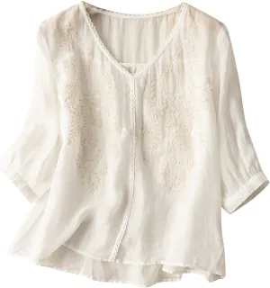 JOAU Women's Half Sleeve V-Neck Embroidered Blouse Cotton Linen Tops Summer Loose Fit Casual Comfy Lightweight T Shirts