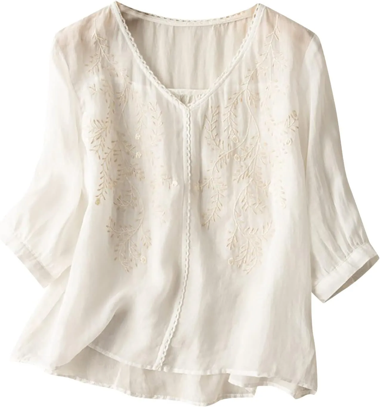 JOAU Women's Half Sleeve V-Neck Embroidered Blouse Cotton Linen Tops Summer Loose Fit Casual Comfy Lightweight T Shirts