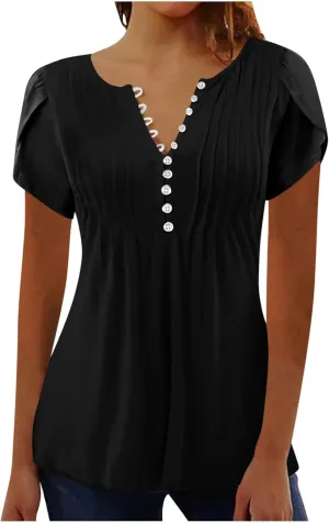JOAU Women's Petal Short Sleeve Flowy Tunic Tops Dressy Casual Summer Pleated Front Blouses Loose V Neck Button Henley Shirts