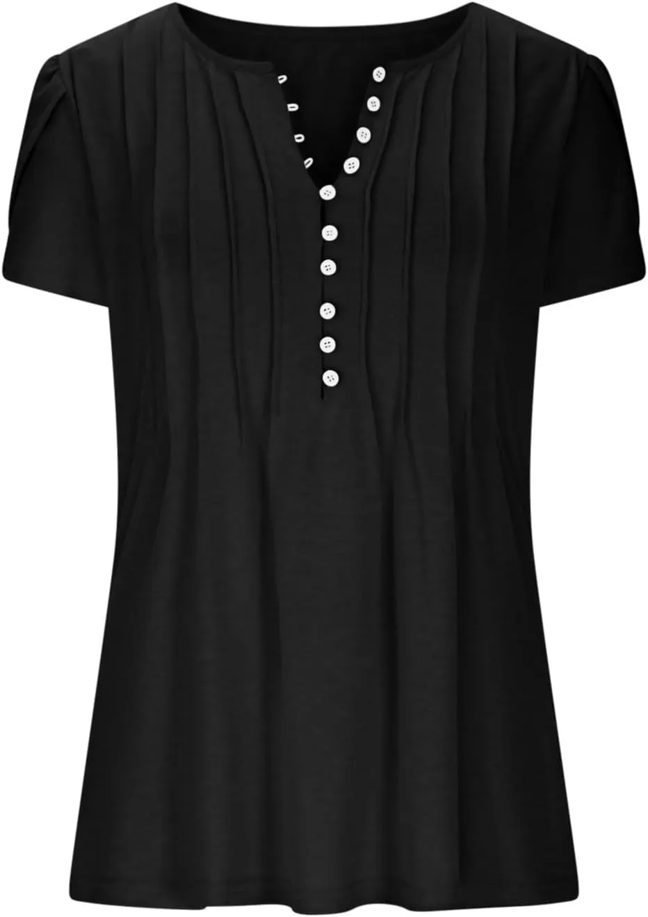 JOAU Women's Petal Short Sleeve Flowy Tunic Tops Dressy Casual Summer Pleated Front Blouses Loose V Neck Button Henley Shirts